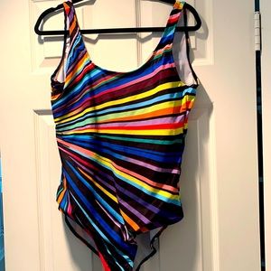 Bright striped one piece bathing suit